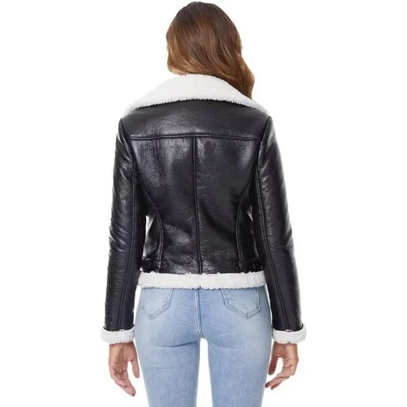 Women's Black White Leather Jacket Fur Winter Coat Warm Thick Fur Lined Faux - Picture 4 of 4